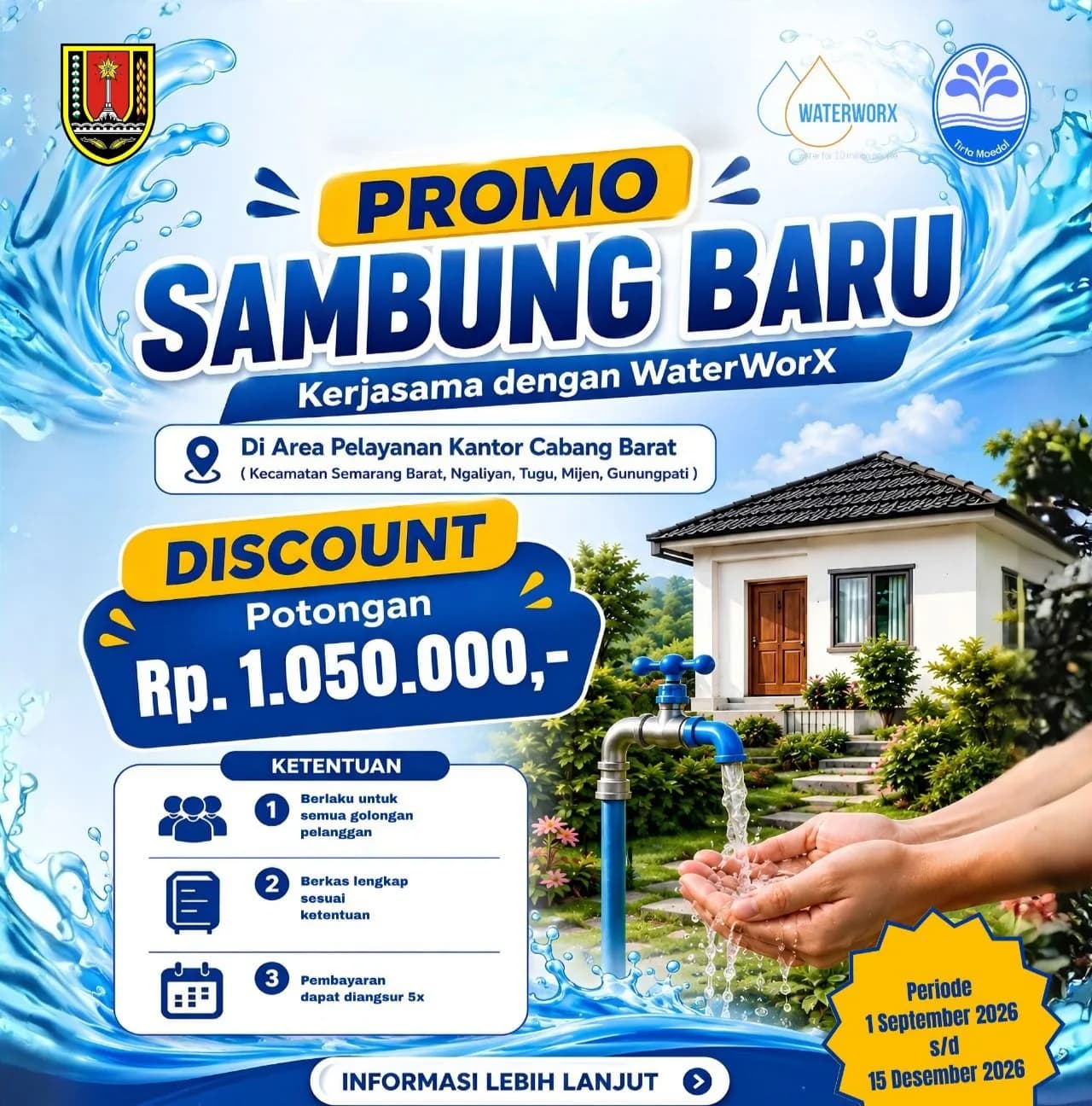 Butuh Sambung Baru? Tirta Moedal Gandeng WaterWorX Beri Potongan hingga Rp1 Juta 50 Ribu